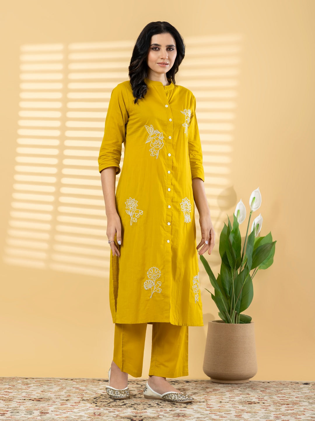 Mustard Yellow Embroidered Cotton Kurta Set with Pants for Women