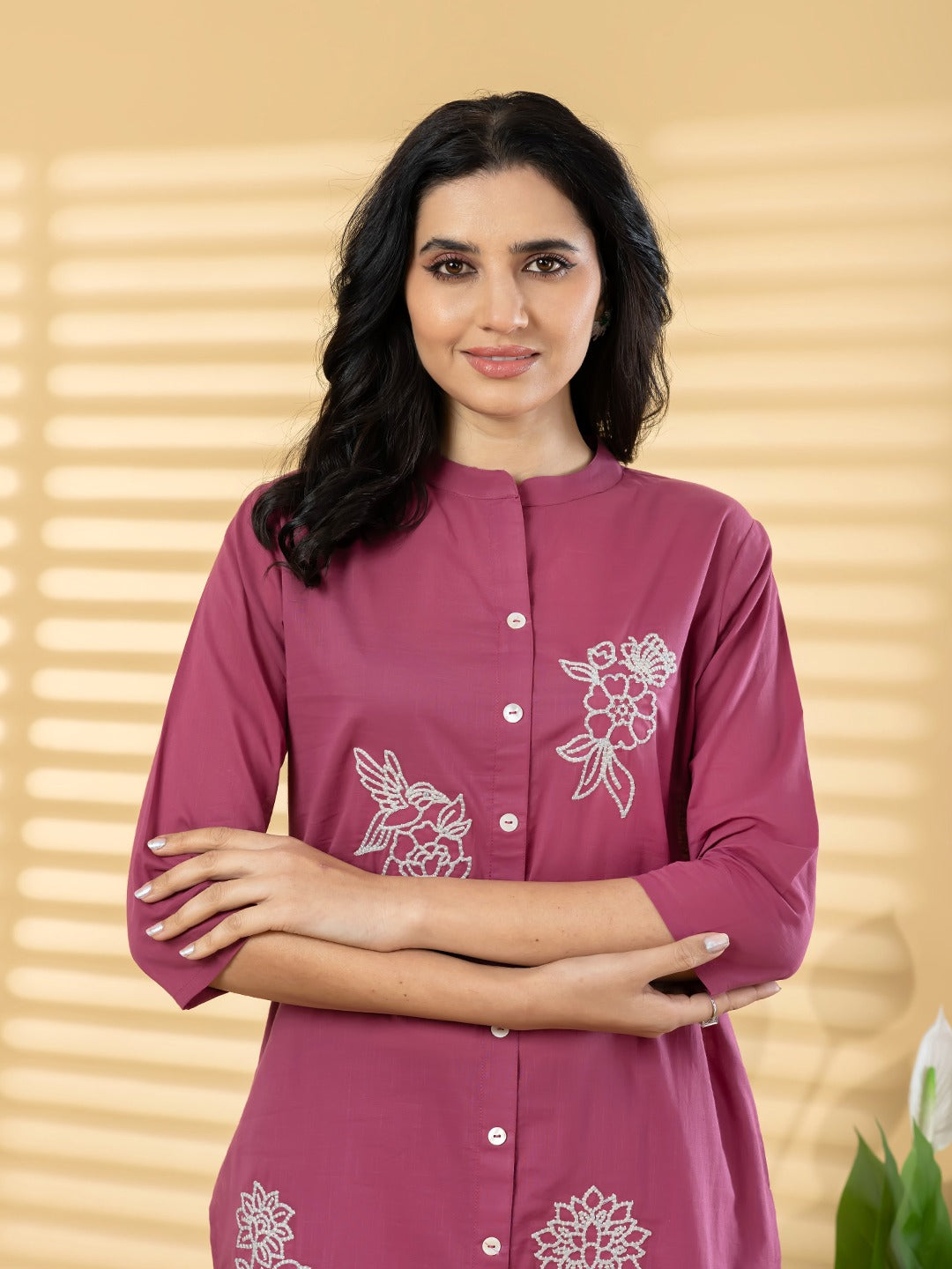 “Women’s Magenta Cotton Kurta Set with Floral Embroidery & Straight Pants”