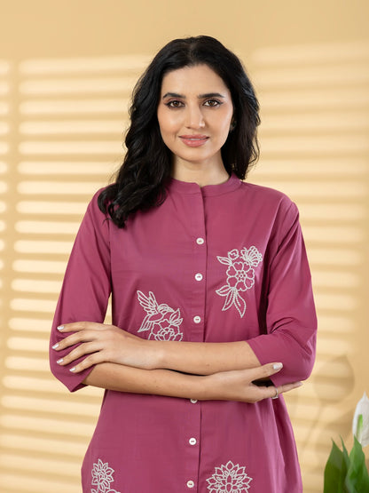 “Women’s Magenta Cotton Kurta Set with Floral Embroidery & Straight Pants”