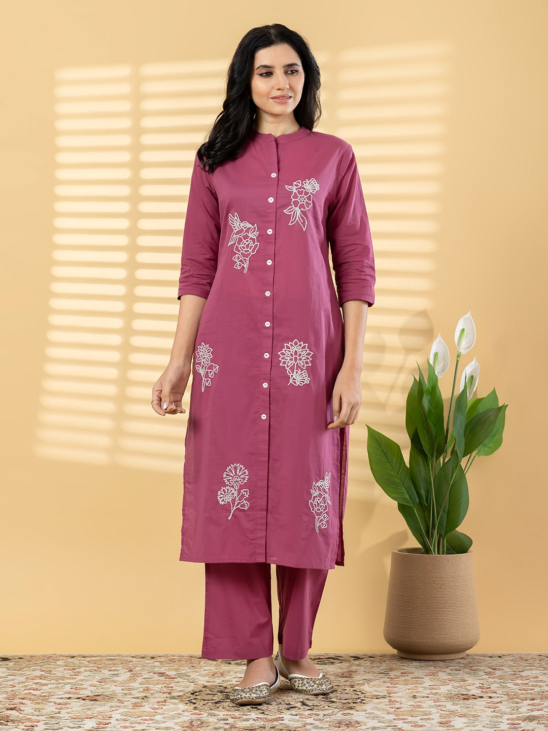 “Women’s Magenta Cotton Kurta Set with Floral Embroidery & Straight Pants”