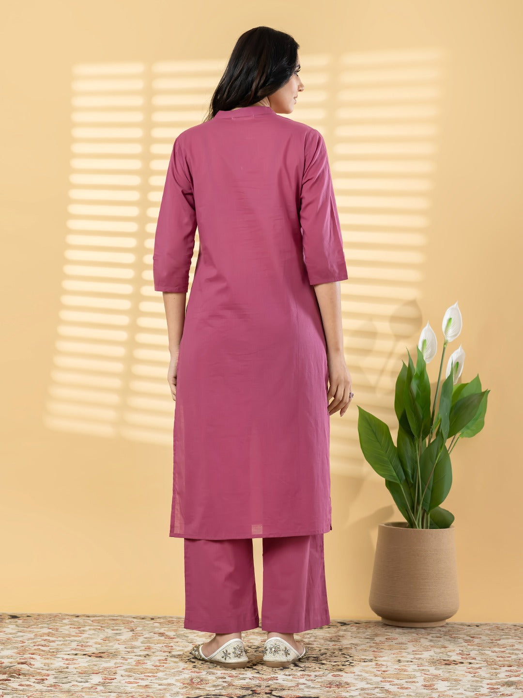 “Women’s Magenta Cotton Kurta Set with Floral Embroidery & Straight Pants”
