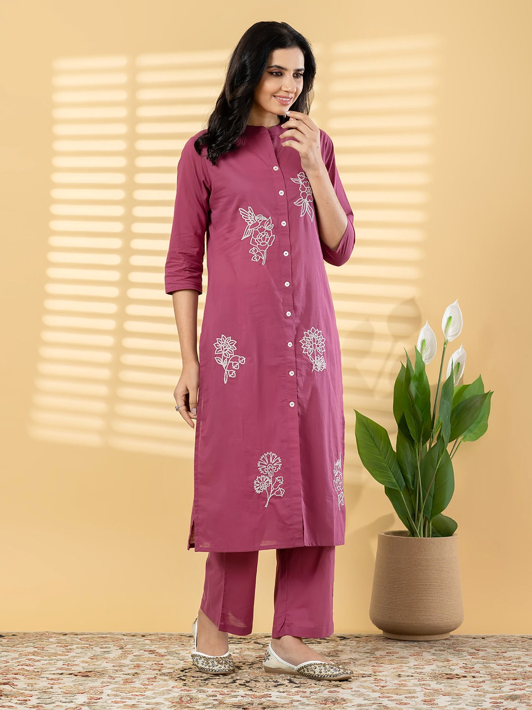 “Women’s Magenta Cotton Kurta Set with Floral Embroidery & Straight Pants”