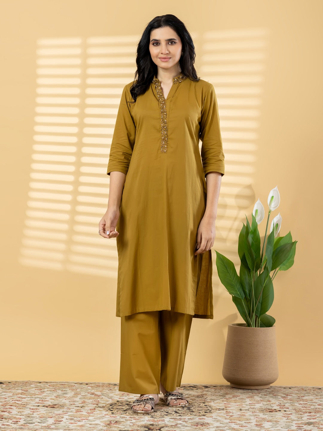 Mustard Embroidered Kurta Set with Straight Pants for Women