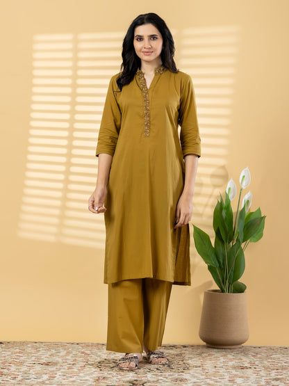Mustard Embroidered Kurta Set with Straight Pants for Women