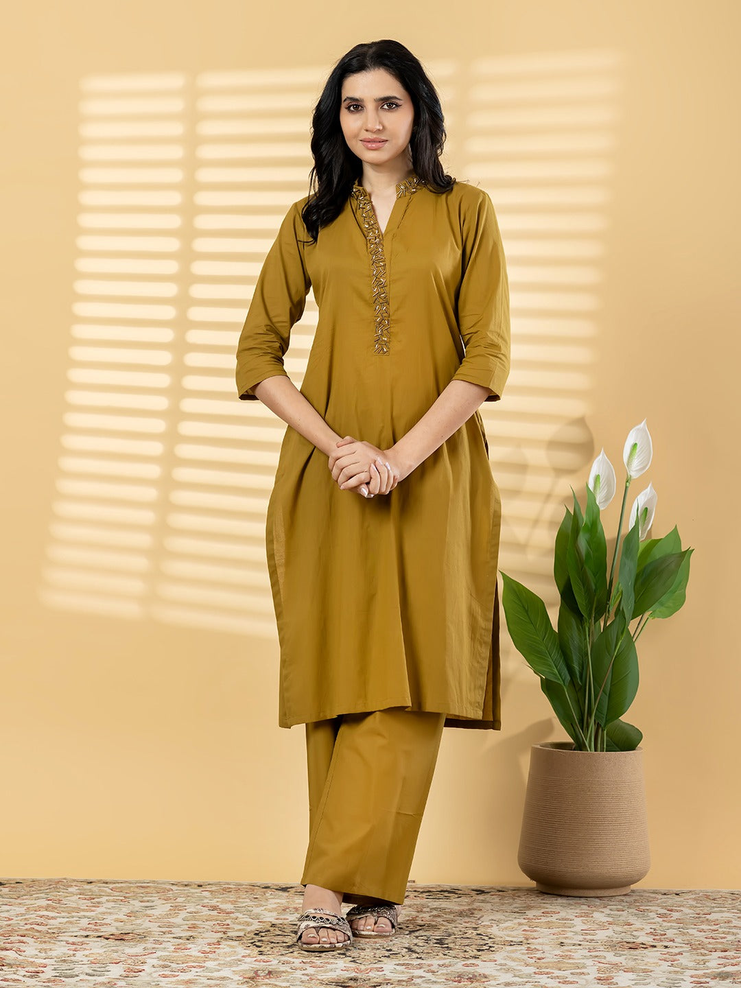 Mustard Embroidered Kurta Set with Straight Pants for Women