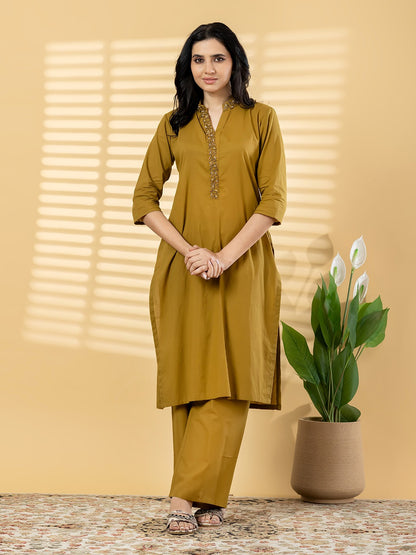 Mustard Embroidered Kurta Set with Straight Pants for Women