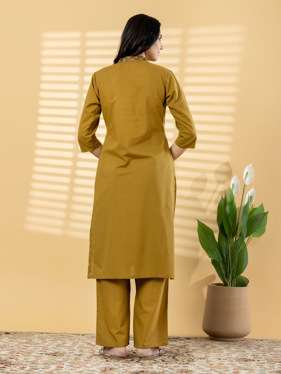 Mustard Embroidered Kurta Set with Straight Pants for Women