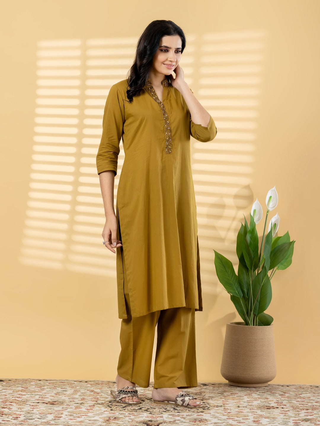 Mustard Embroidered Kurta Set with Straight Pants for Women