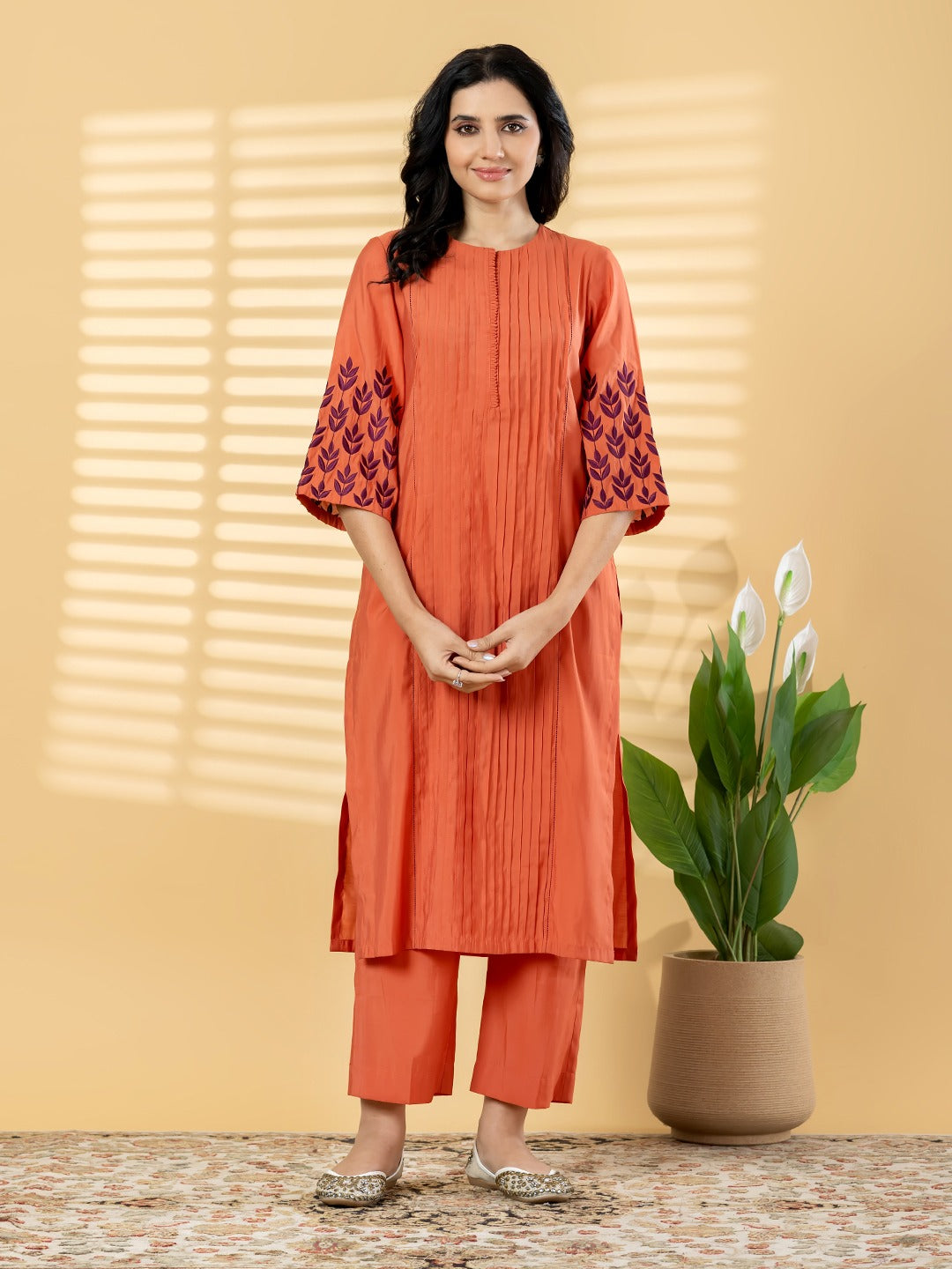 Women’s Rust Orange Embroidered Kurta Set with Straight Pants