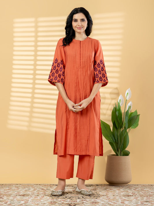 Women’s Rust Orange Embroidered Kurta Set with Straight Pants