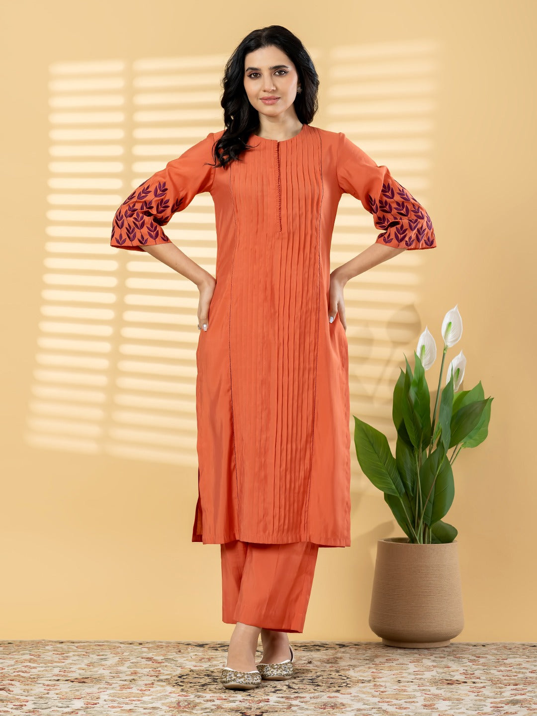 Women’s Rust Orange Embroidered Kurta Set with Straight Pants