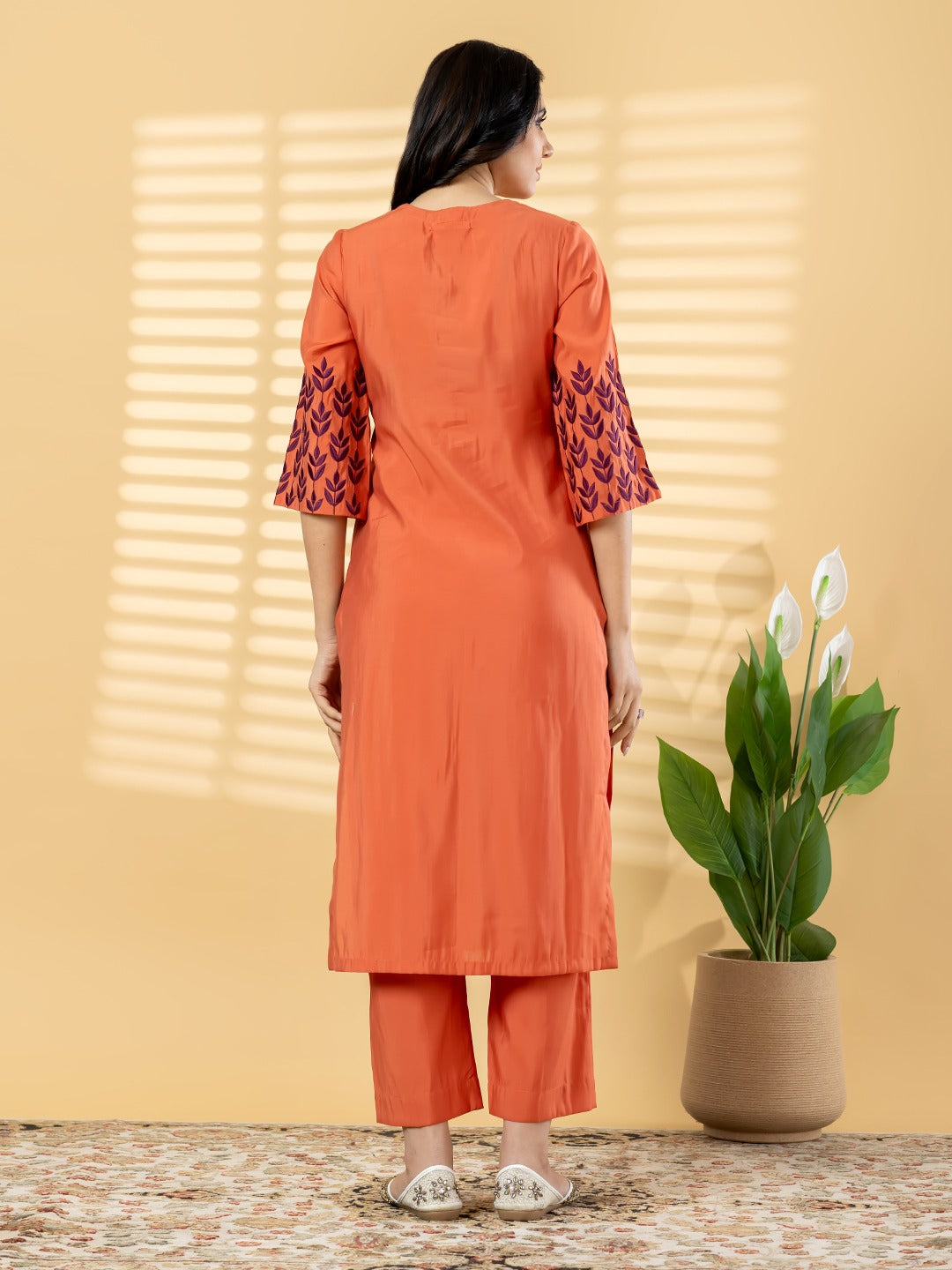 Women’s Rust Orange Embroidered Kurta Set with Straight Pants