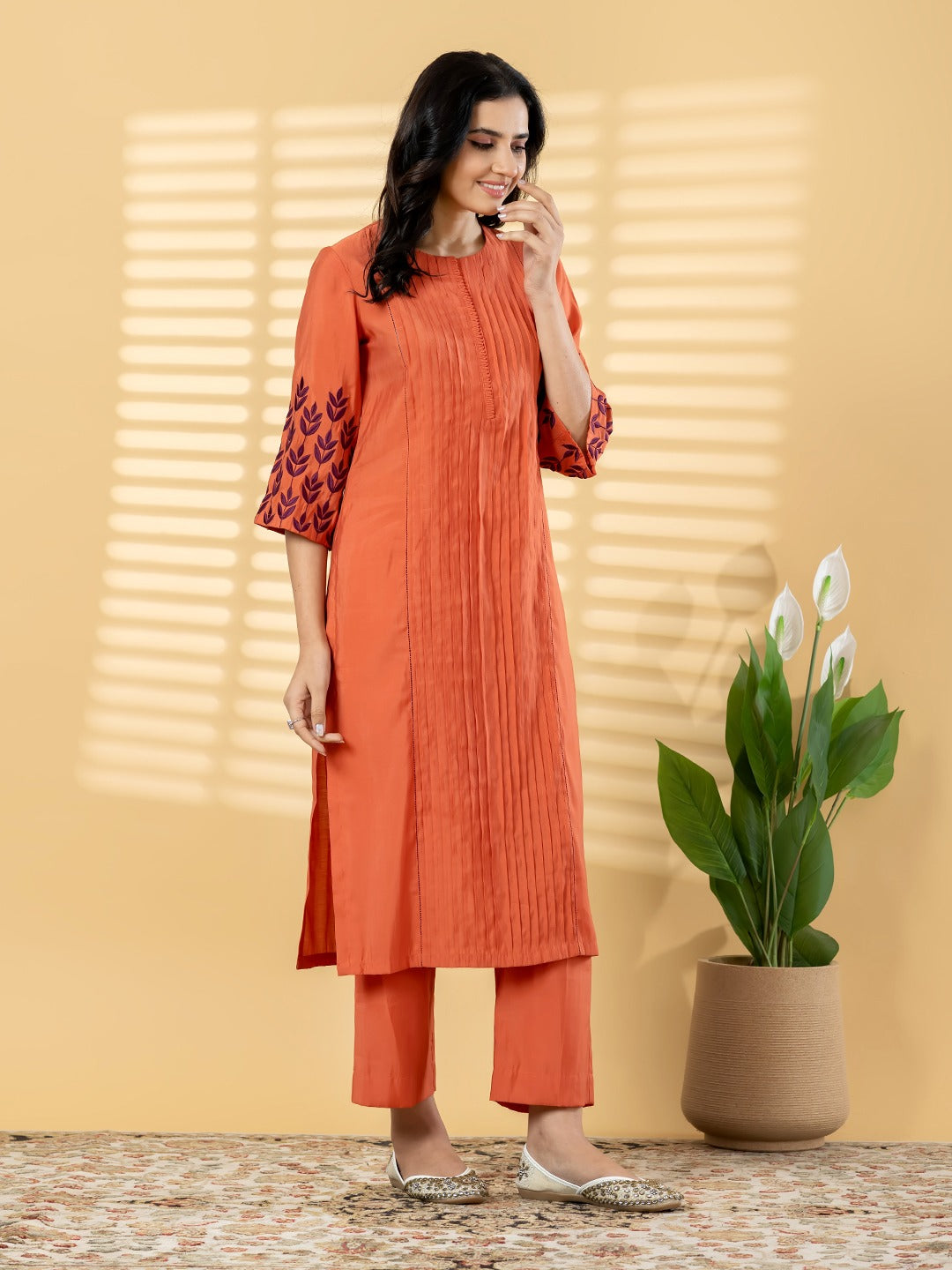 Women’s Rust Orange Embroidered Kurta Set with Straight Pants