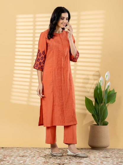 Women’s Rust Orange Embroidered Kurta Set with Straight Pants