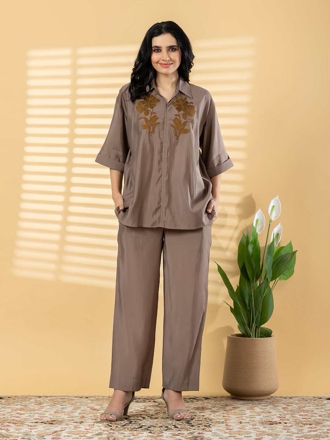 Elegant Taupe Co-Ord Set for Women – Embroidered Shirt with Wide-Leg Pants