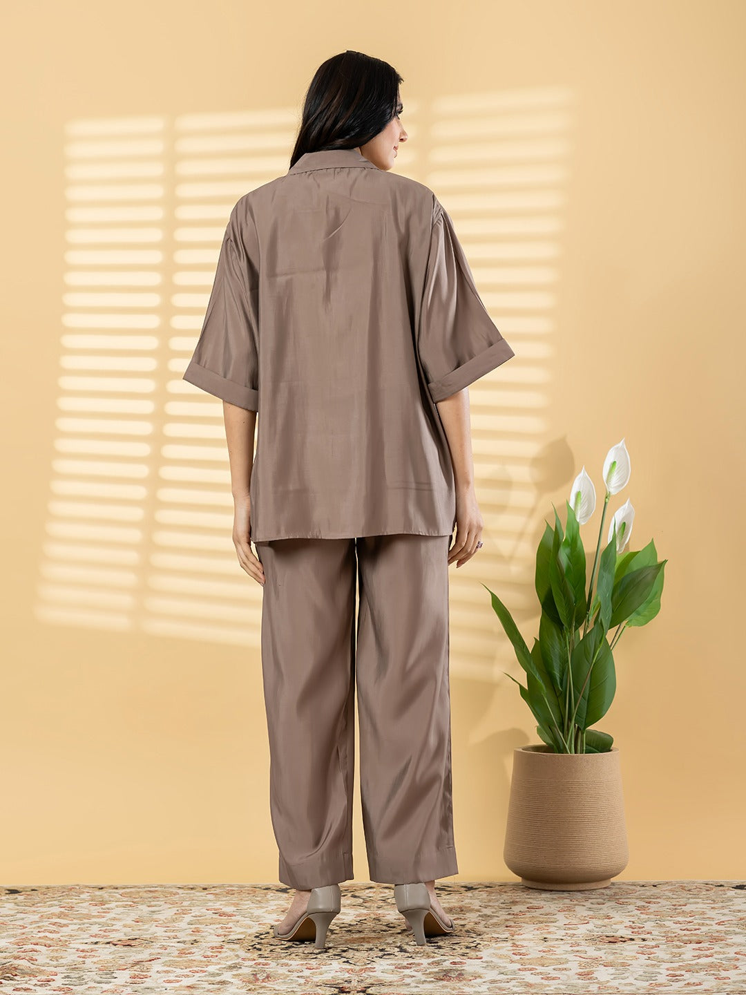 Elegant Taupe Co-Ord Set for Women – Embroidered Shirt with Wide-Leg Pants