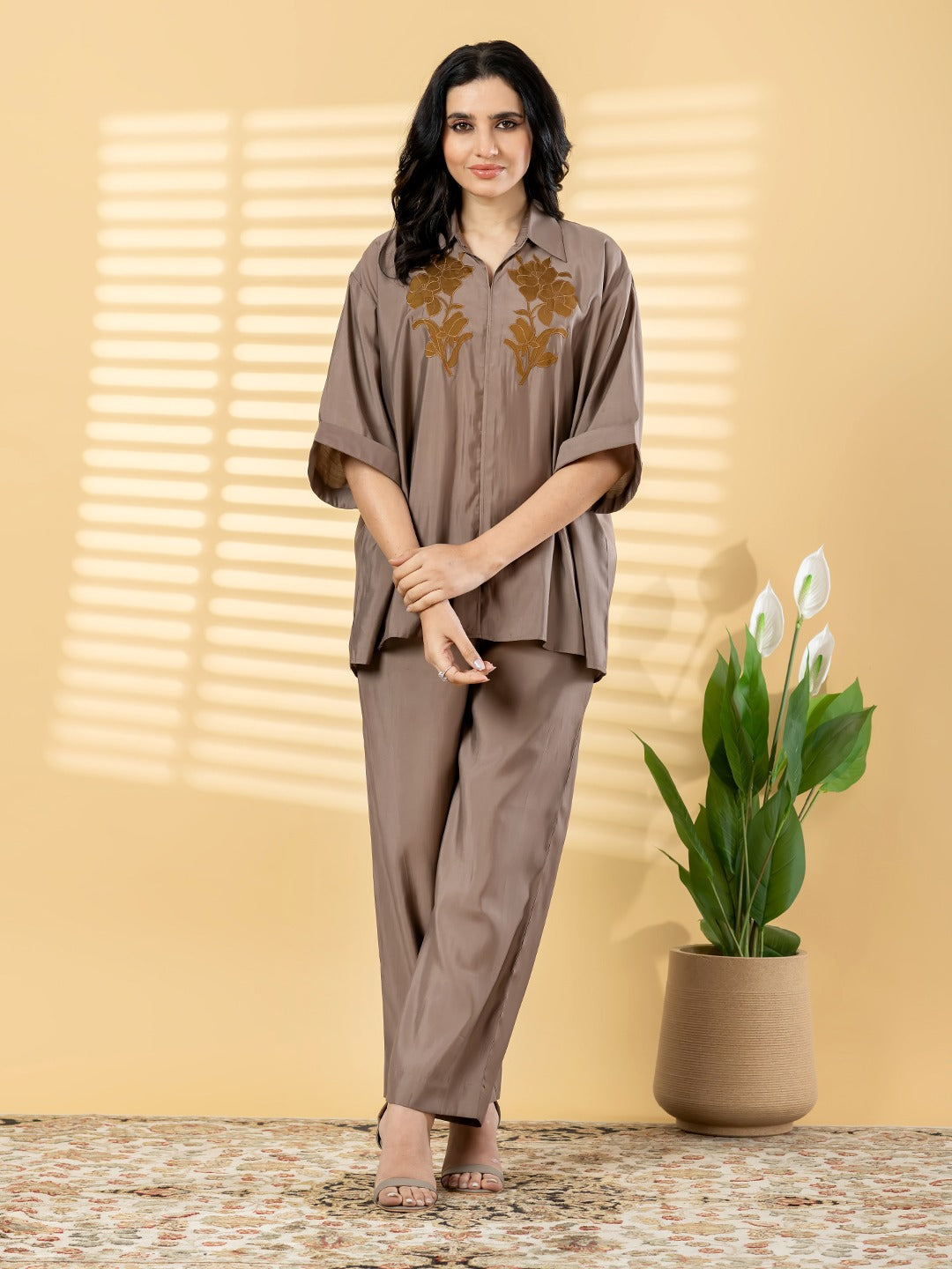 Elegant Taupe Co-Ord Set for Women – Embroidered Shirt with Wide-Leg Pants