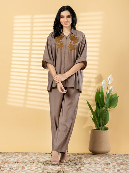 Elegant Taupe Co-Ord Set for Women – Embroidered Shirt with Wide-Leg Pants