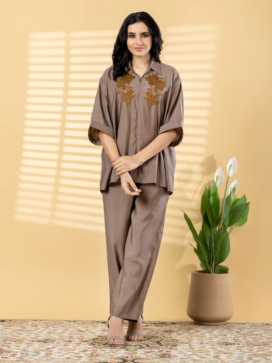 Elegant Taupe Co-Ord Set for Women – Embroidered Shirt with Wide-Leg Pants
