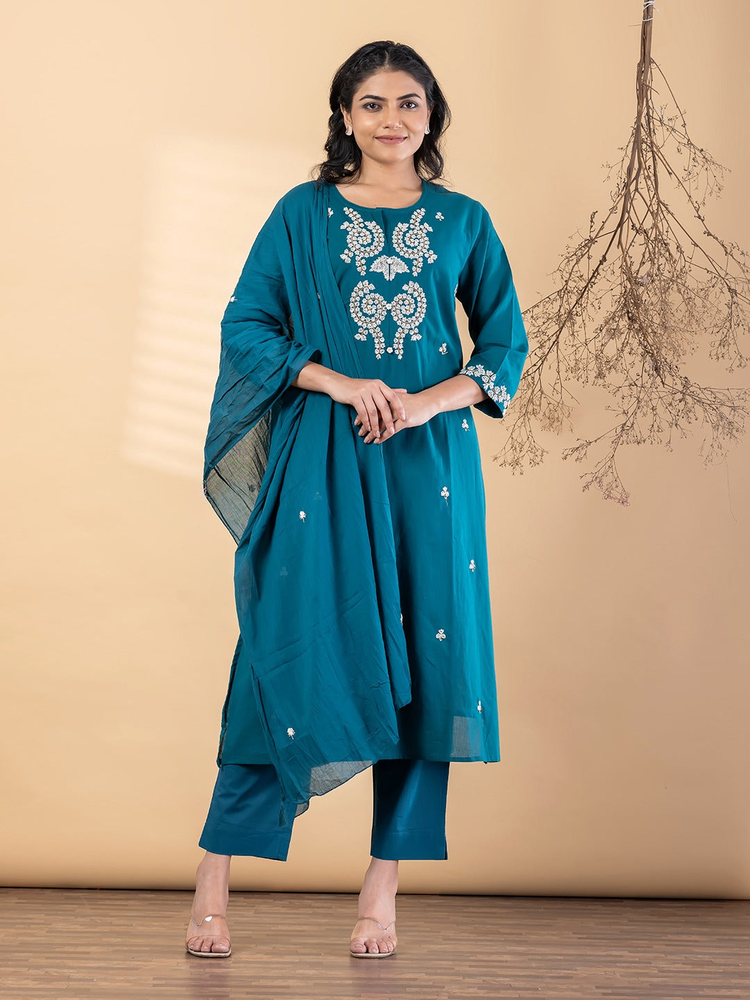 Teal Embroidered Kurta Set for Women with Dupatta & Pants