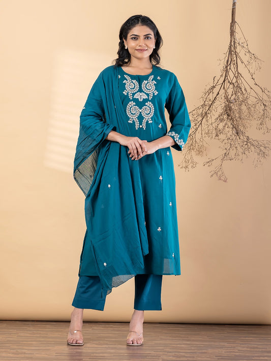 Teal Embroidered Kurta Set for Women with Dupatta & Pants