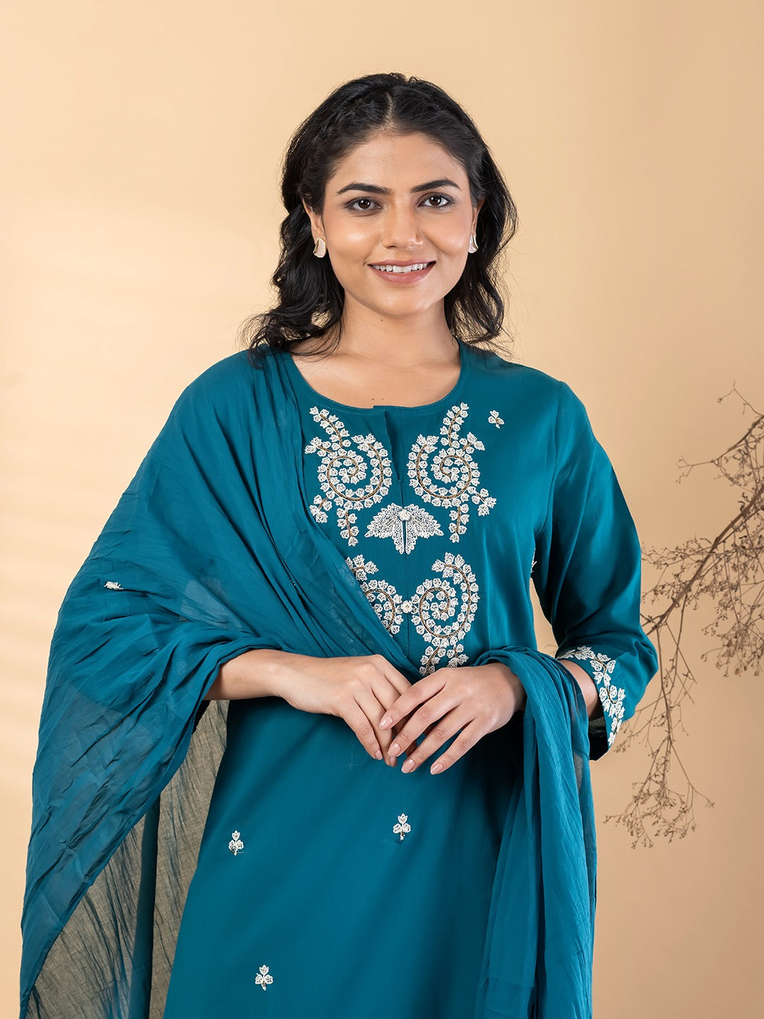 Teal Embroidered Kurta Set for Women with Dupatta & Pants