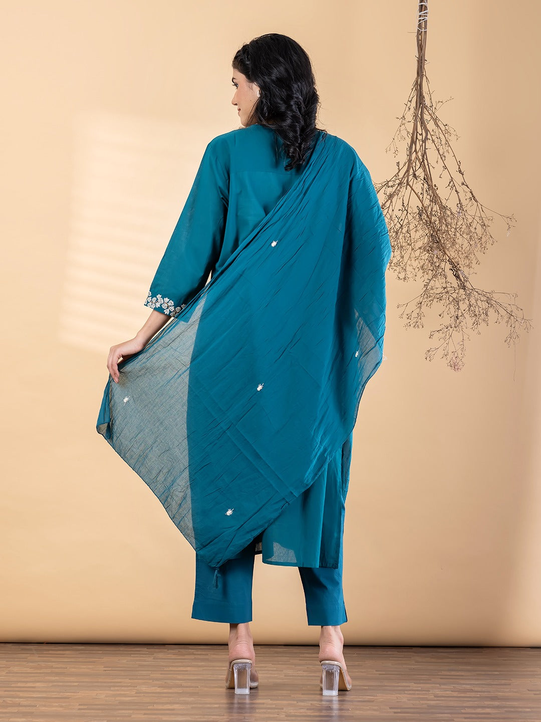 Teal Embroidered Kurta Set for Women with Dupatta & Pants