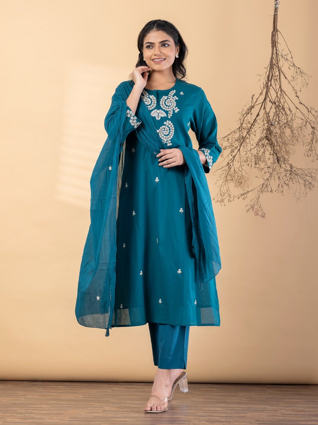 Teal Embroidered Kurta Set for Women with Dupatta & Pants