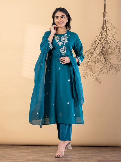 Teal Embroidered Kurta Set for Women with Dupatta & Pants