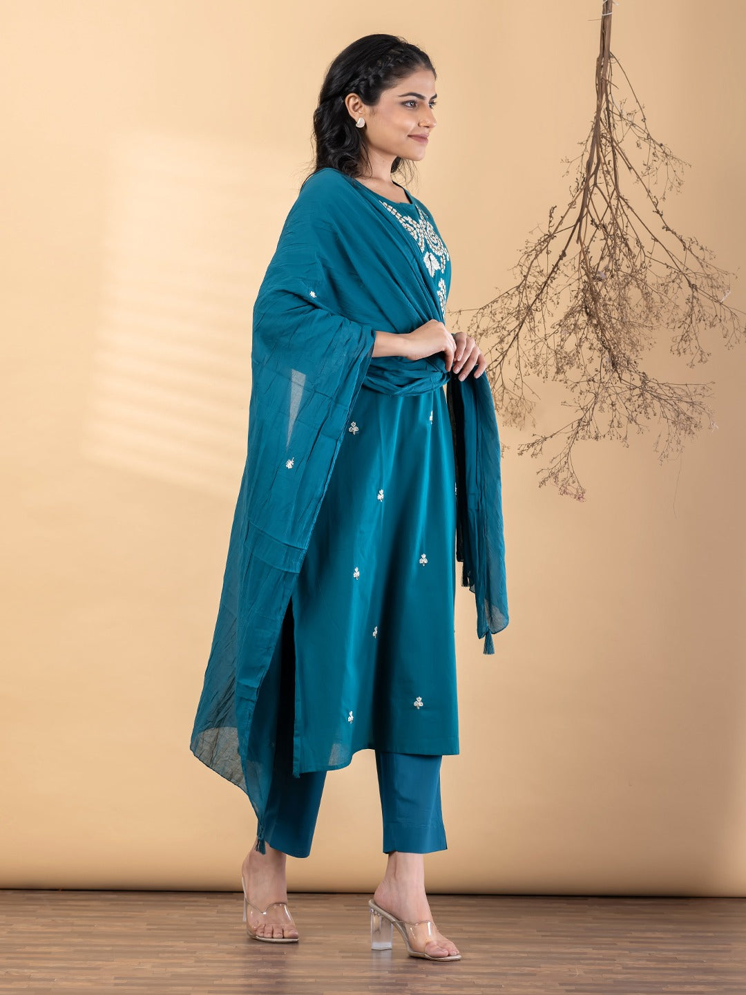 Teal Embroidered Kurta Set for Women with Dupatta & Pants