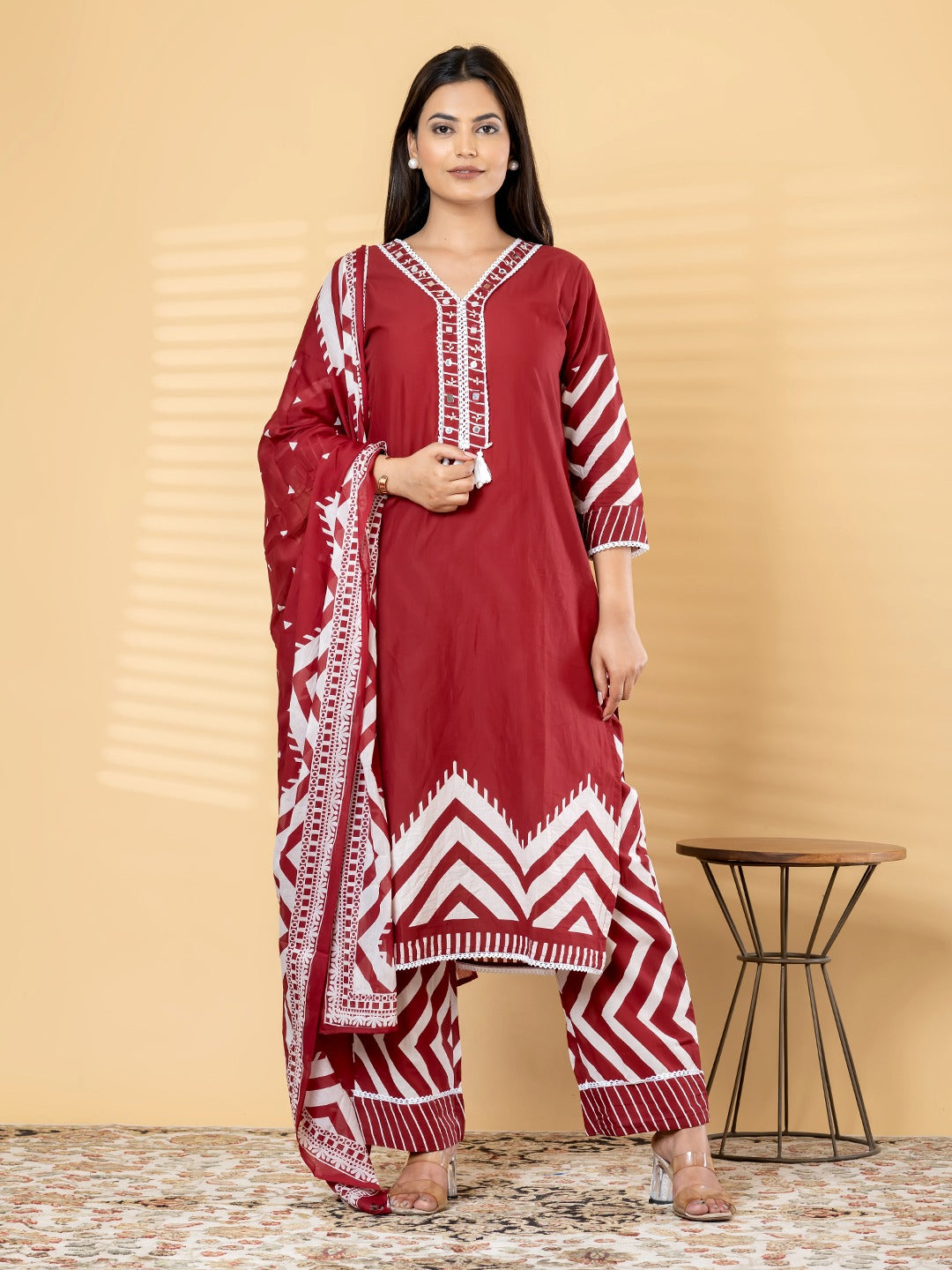 Elegant Red Kurta Set with Dupatta | Traditional Printed Suit