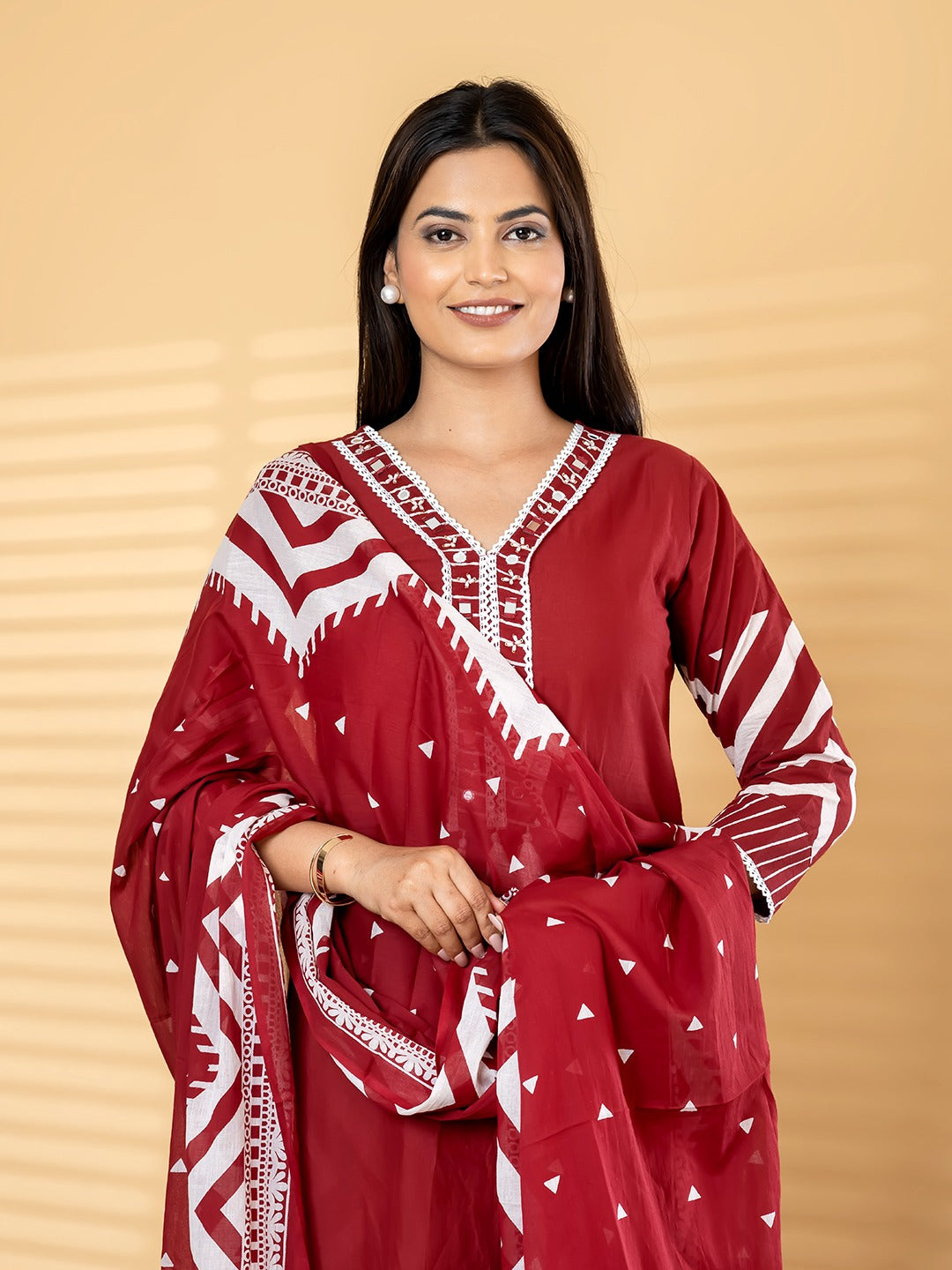 Elegant Red Kurta Set with Dupatta | Traditional Printed Suit