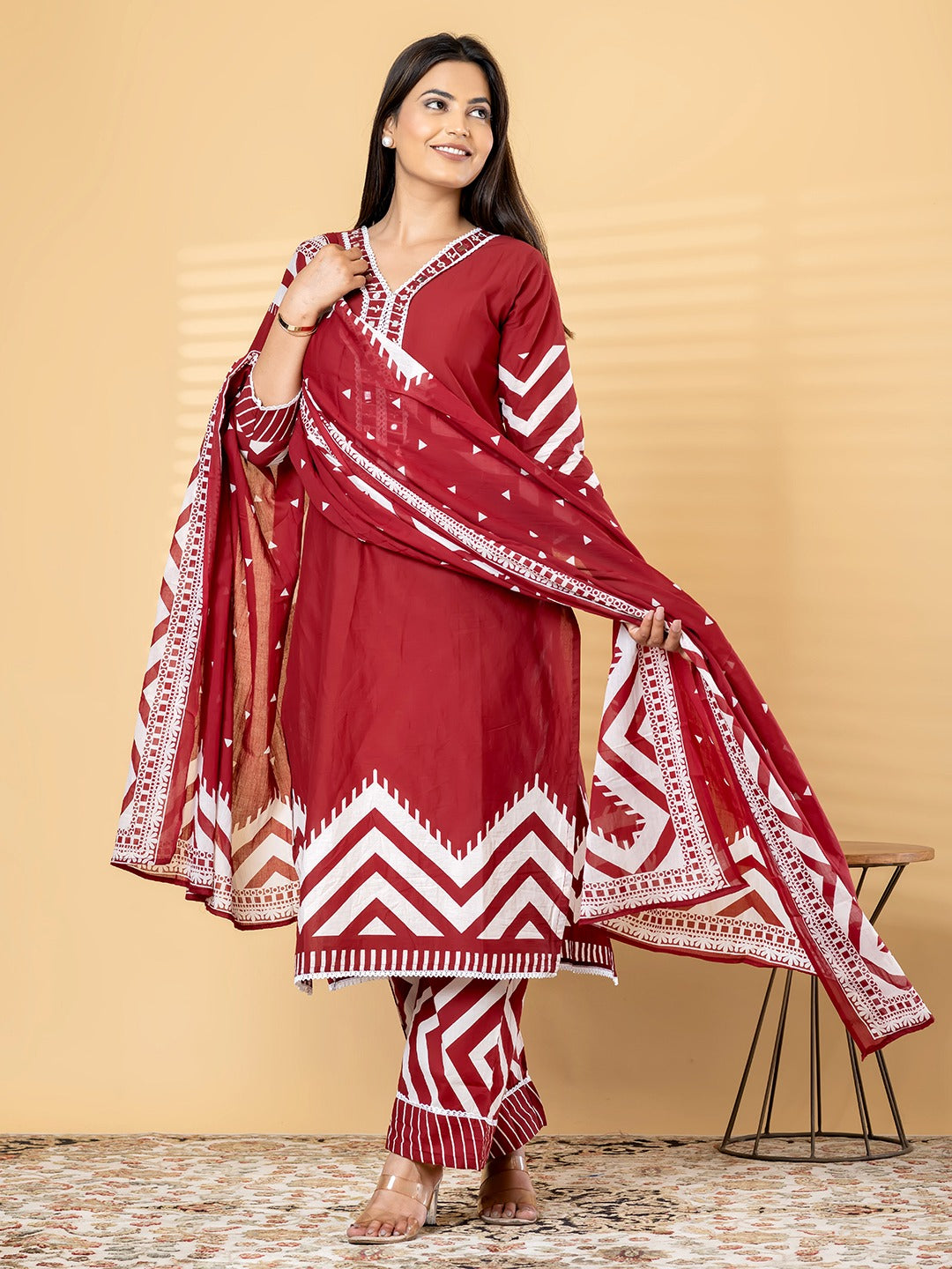 Elegant Red Kurta Set with Dupatta | Traditional Printed Suit