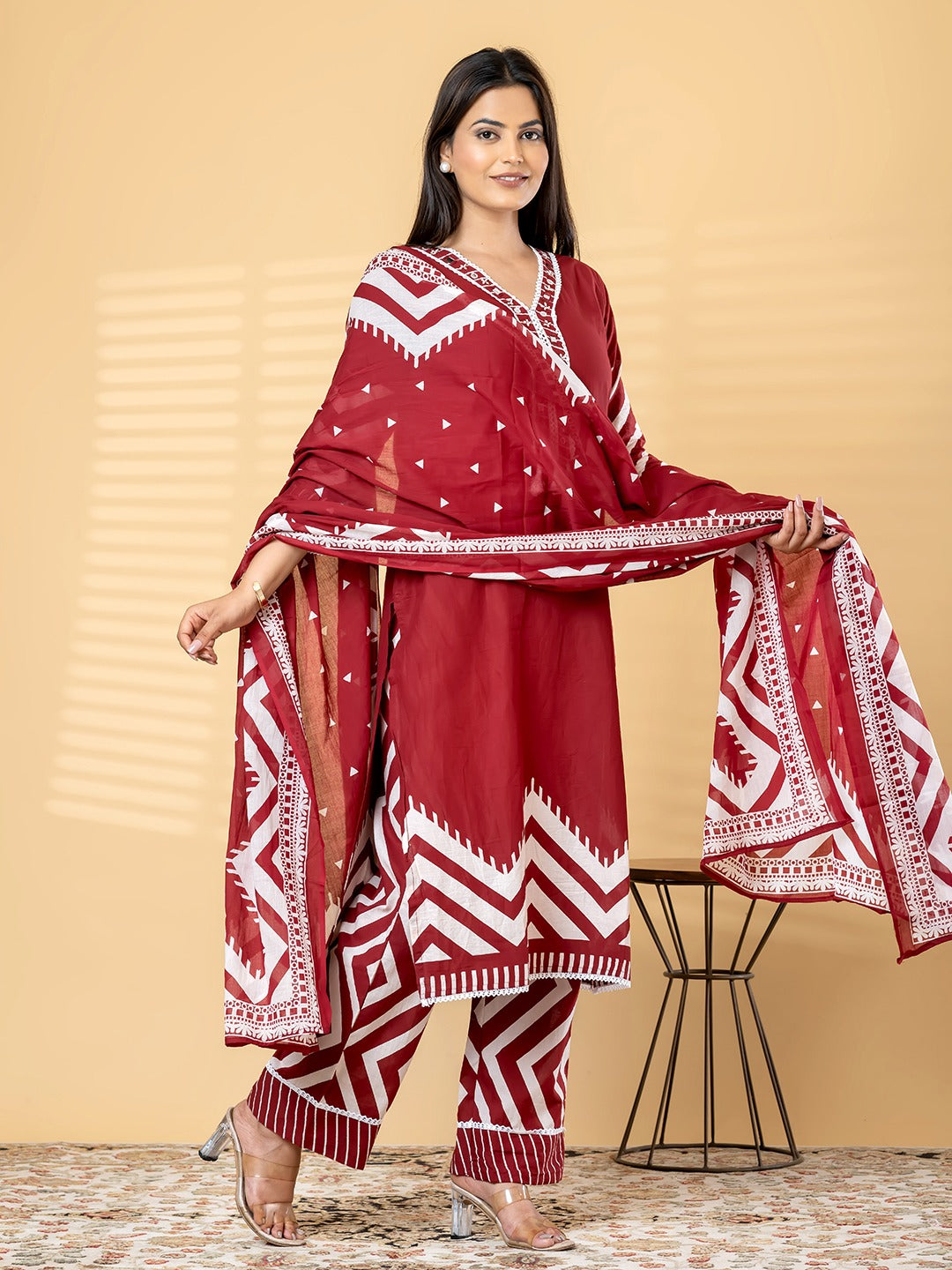 Elegant Red Kurta Set with Dupatta | Traditional Printed Suit