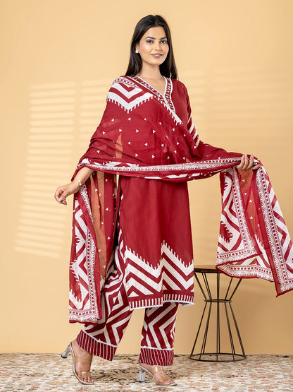 Elegant Red Kurta Set with Dupatta | Traditional Printed Suit