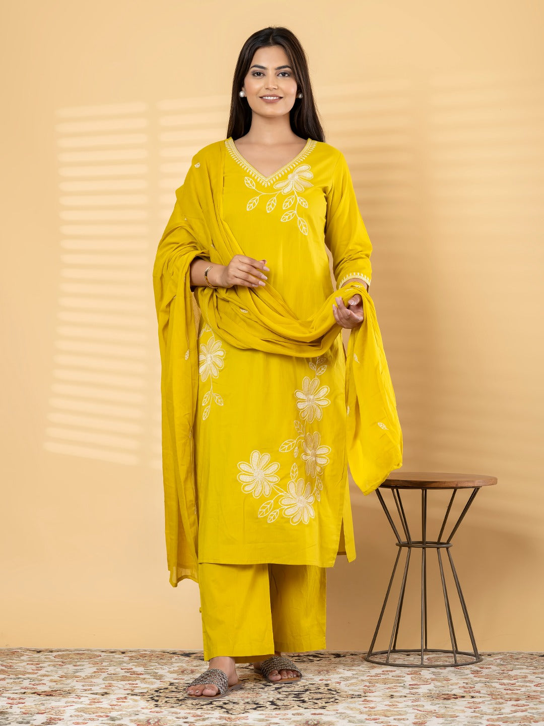 “Yellow Embroidered Kurta Set with Dupatta for Women – Floral Design Ethnic Wear”