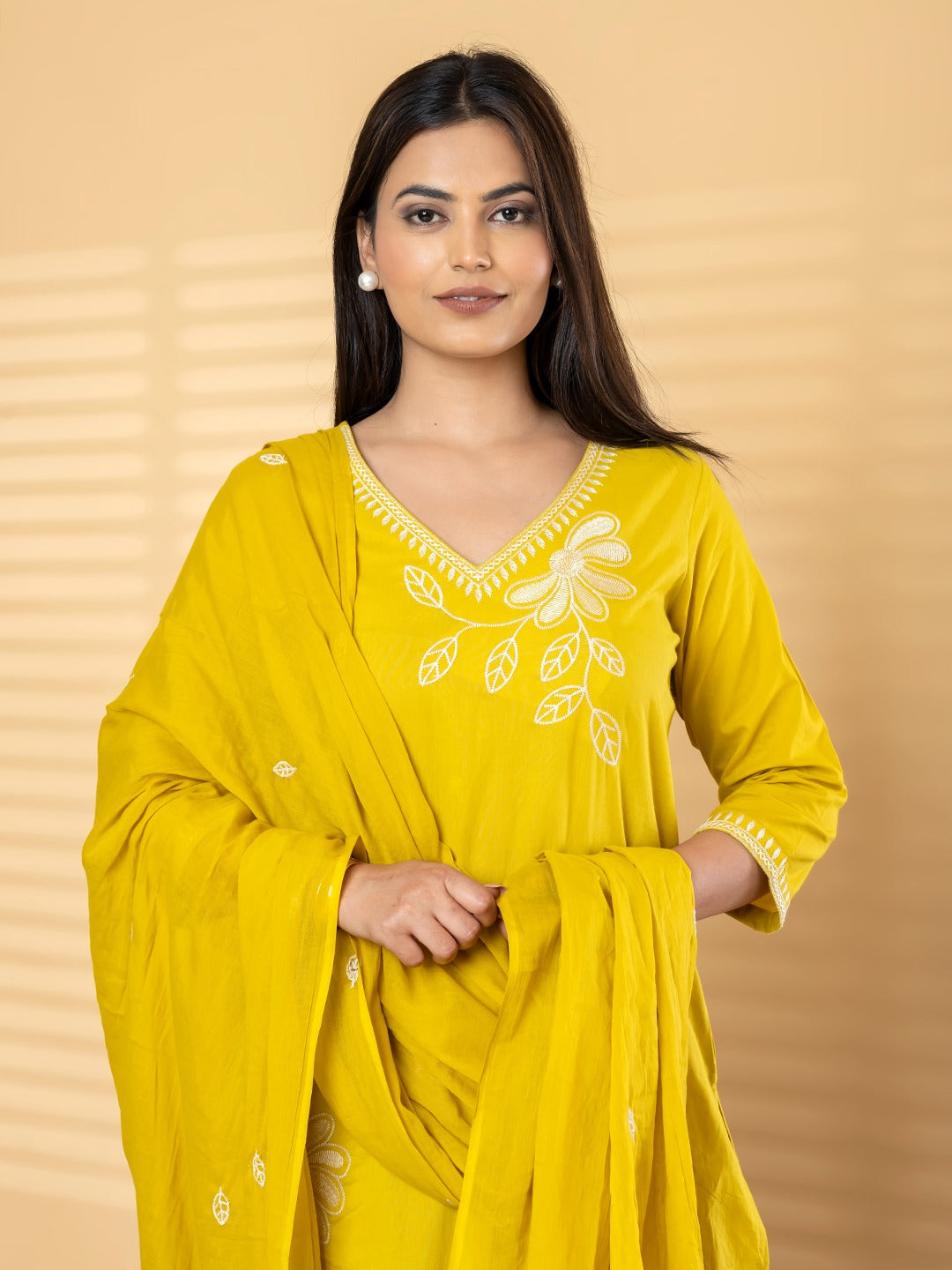 “Yellow Embroidered Kurta Set with Dupatta for Women – Floral Design Ethnic Wear”