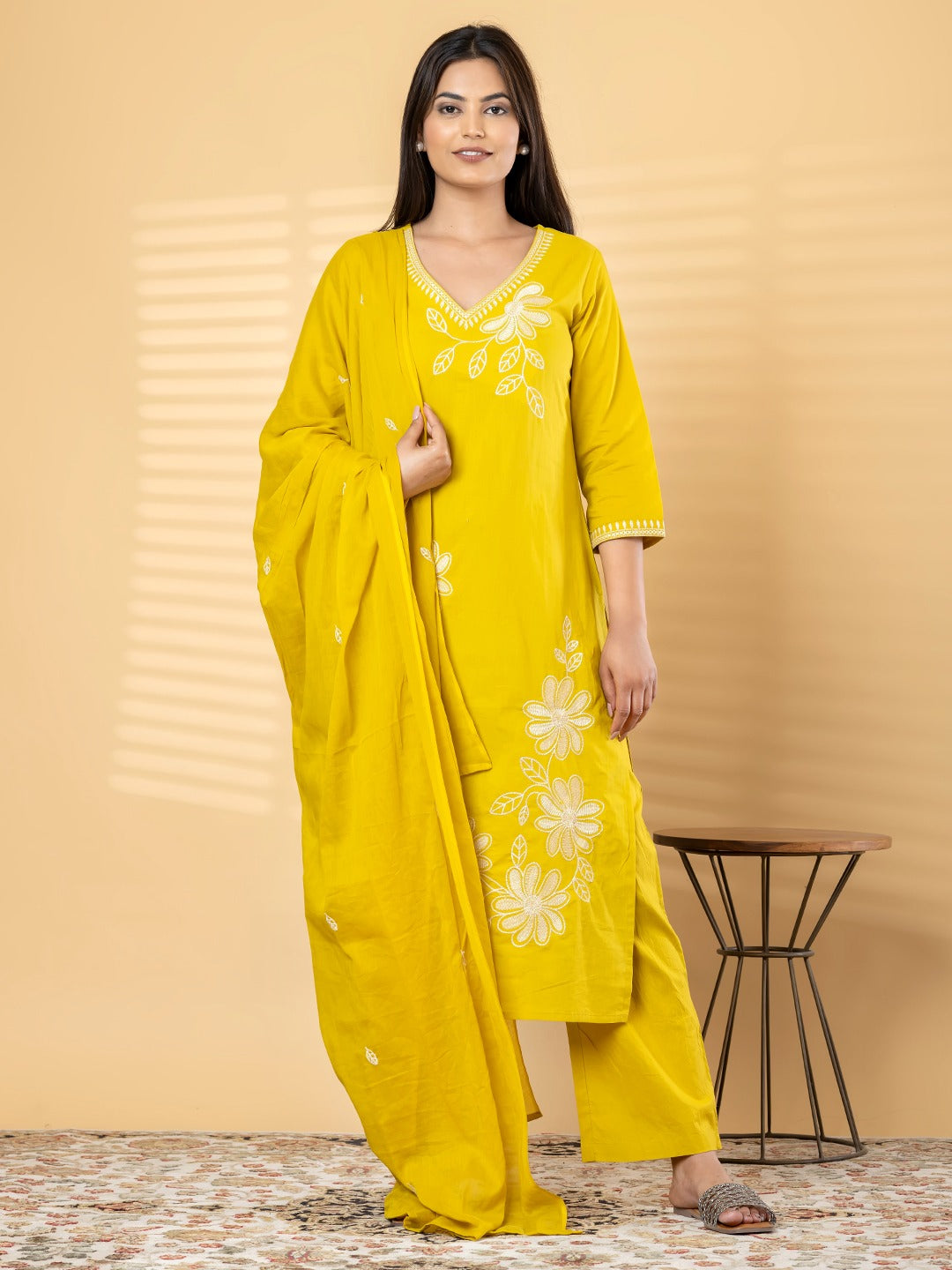 “Yellow Embroidered Kurta Set with Dupatta for Women – Floral Design Ethnic Wear”