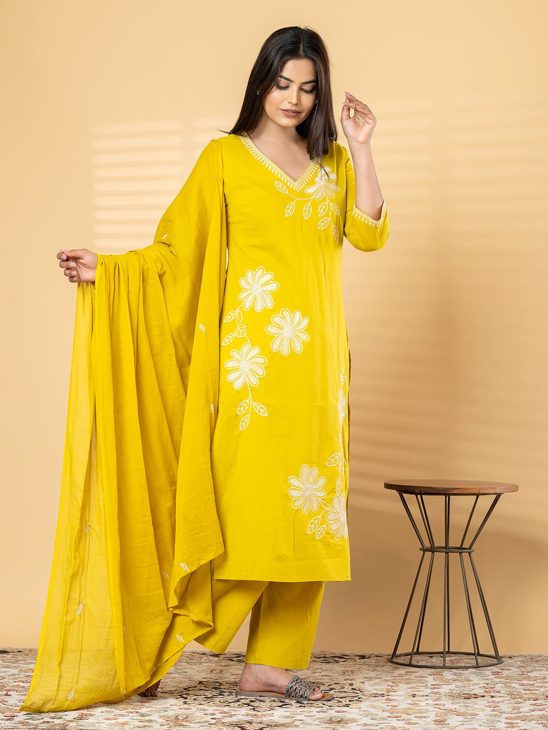 “Yellow Embroidered Kurta Set with Dupatta for Women – Floral Design Ethnic Wear”