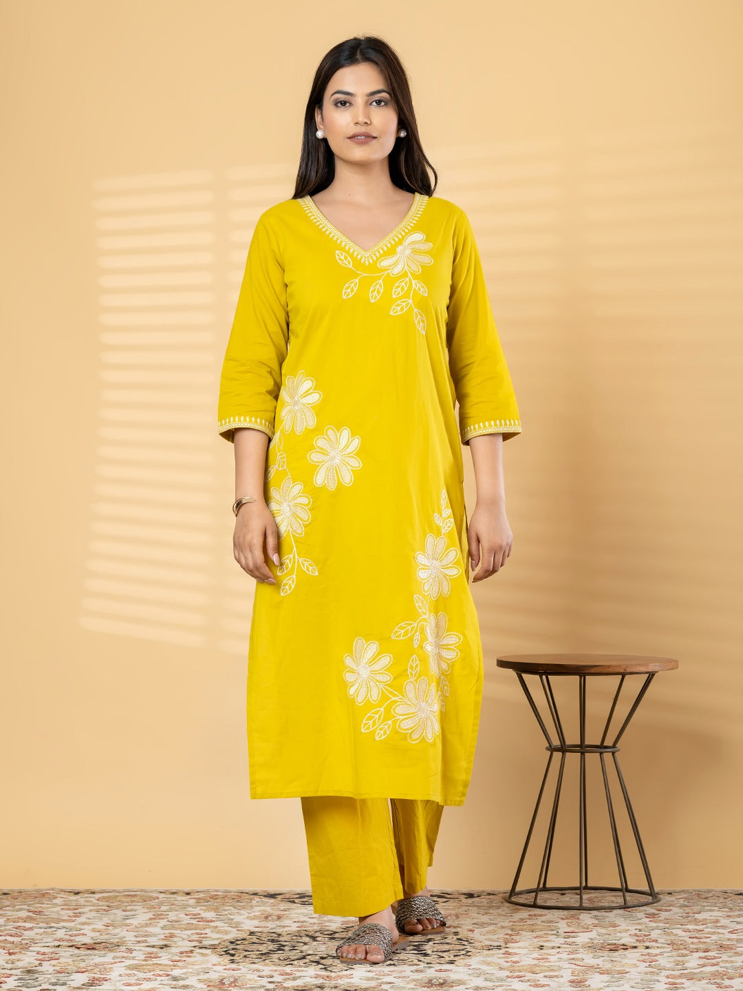 “Yellow Embroidered Kurta Set with Dupatta for Women – Floral Design Ethnic Wear”