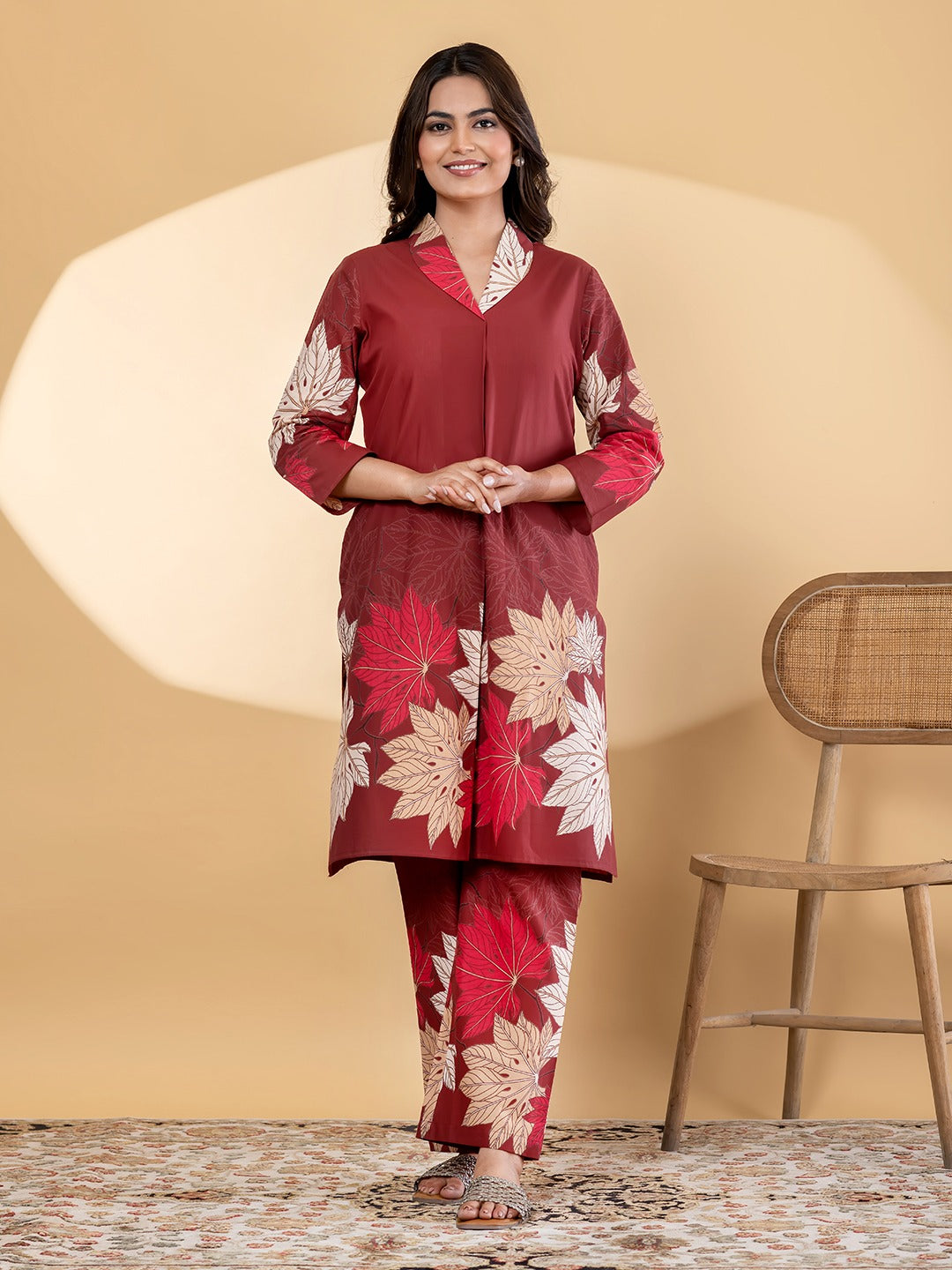 Women’s Red Floral Printed Kurta Set with Straight Pants