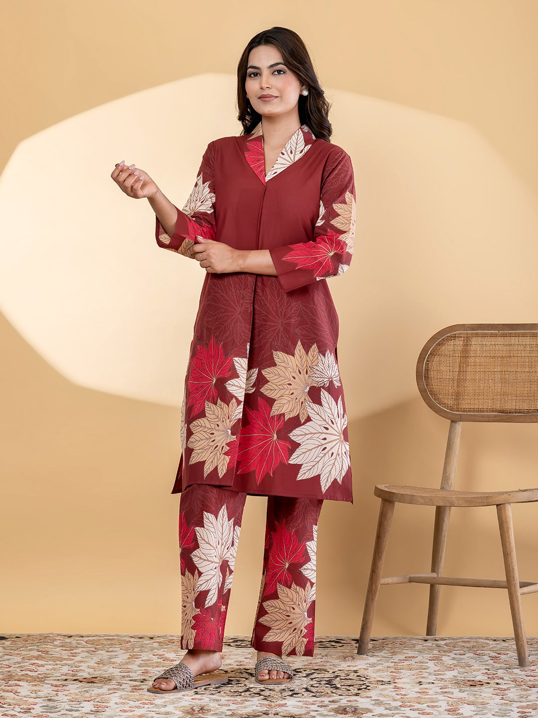 Women’s Red Floral Printed Kurta Set with Straight Pants
