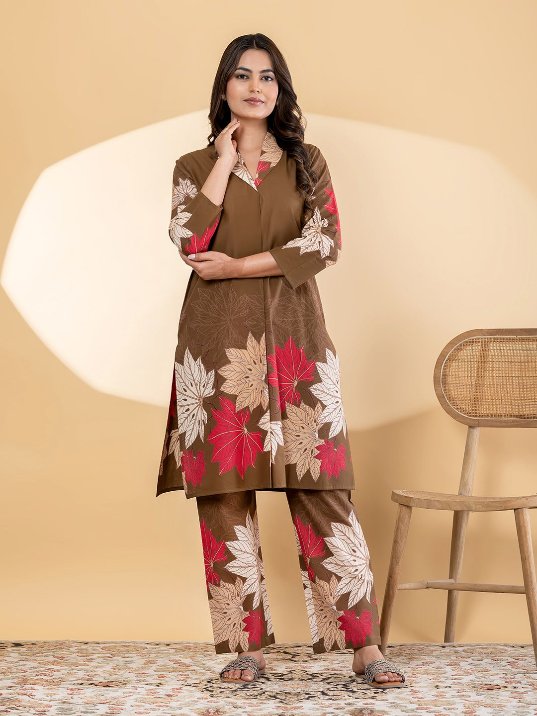 Brown Floral Printed Kurta Set with Straight Pants for Women