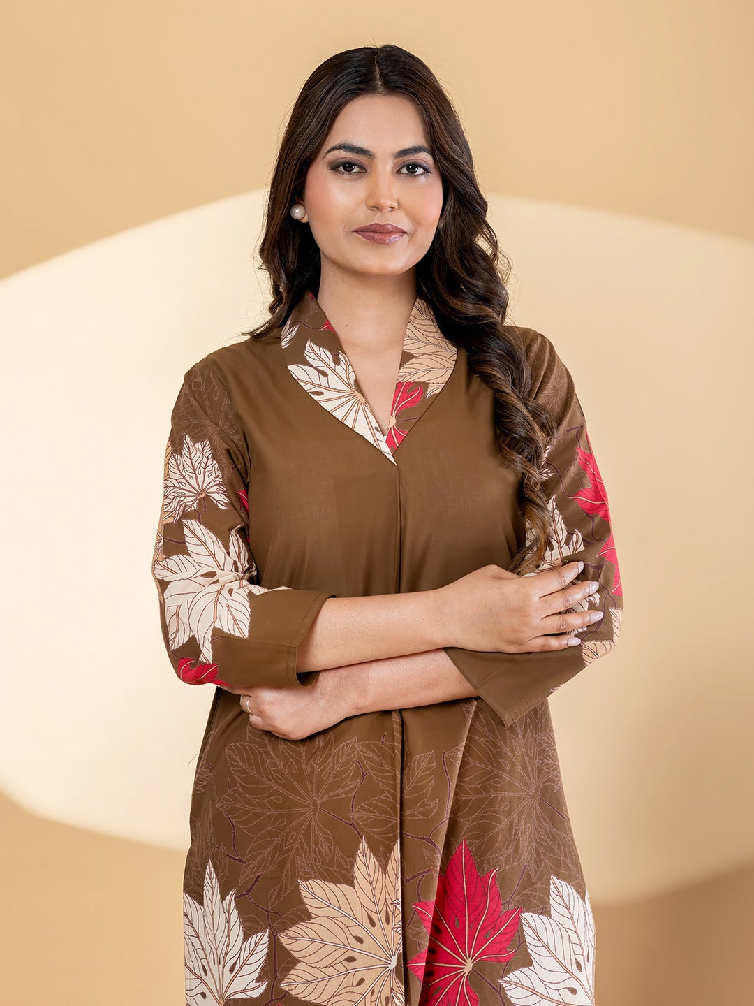 Brown Floral Printed Kurta Set with Straight Pants for Women