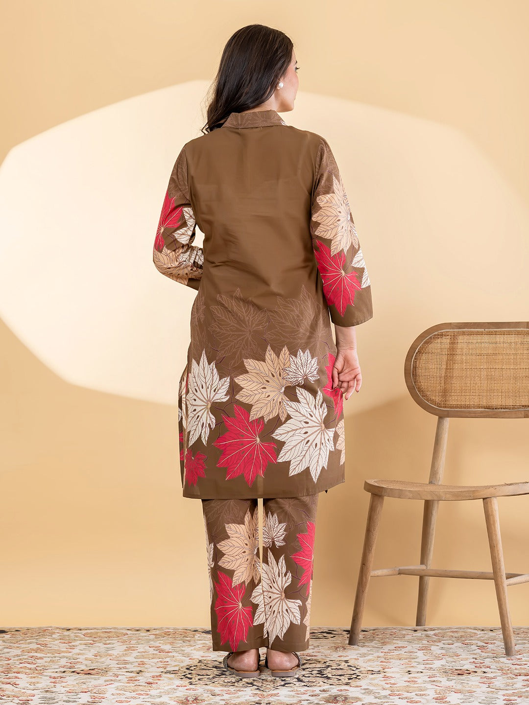 Brown Floral Printed Kurta Set with Straight Pants for Women