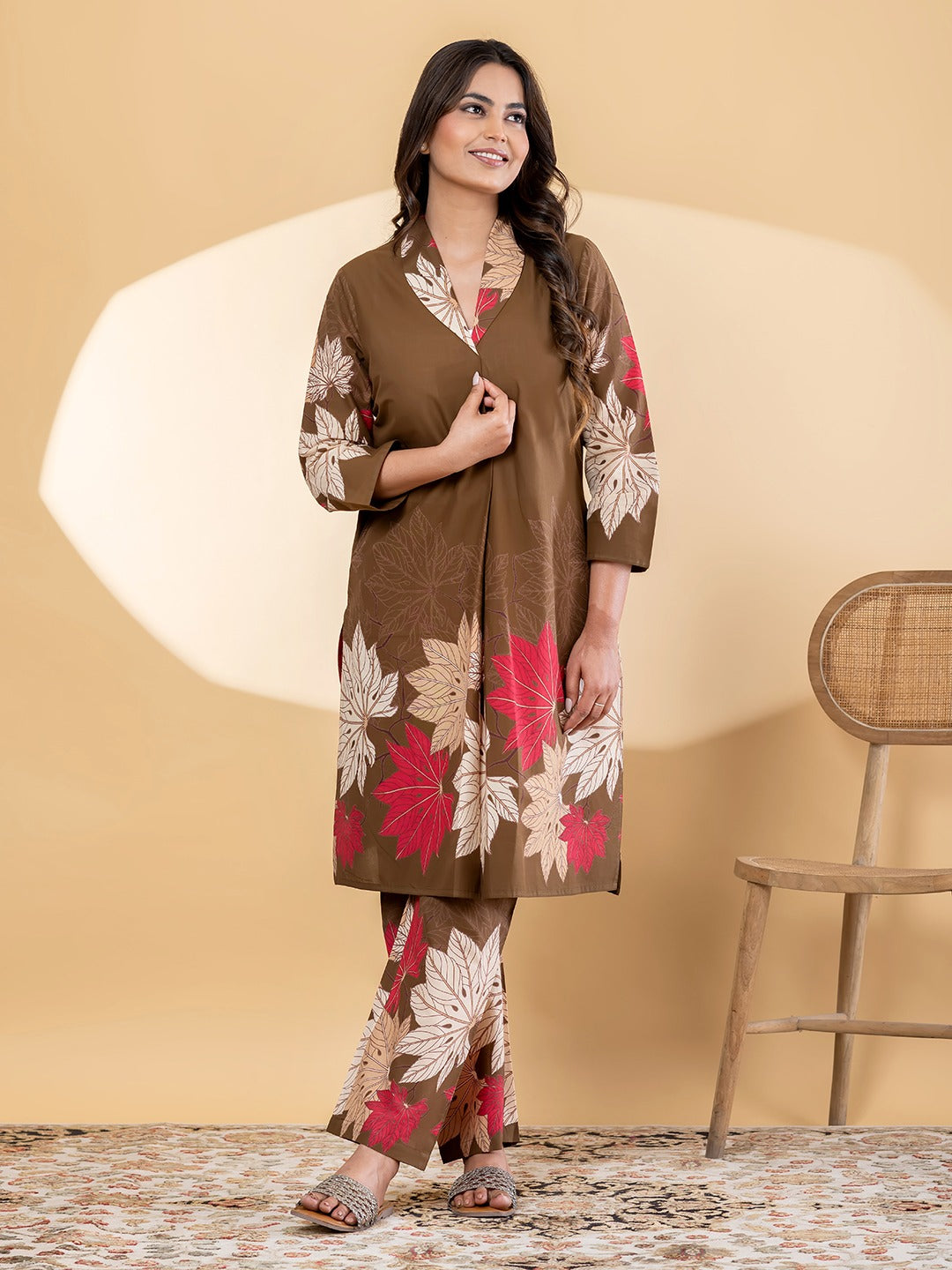 Brown Floral Printed Kurta Set with Straight Pants for Women