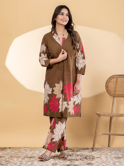Brown Floral Printed Kurta Set with Straight Pants for Women