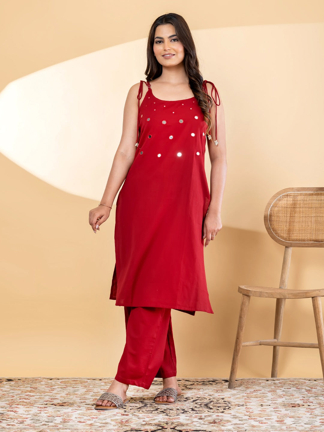 Women’s Red Embellished Kurta Set with Straight Pants