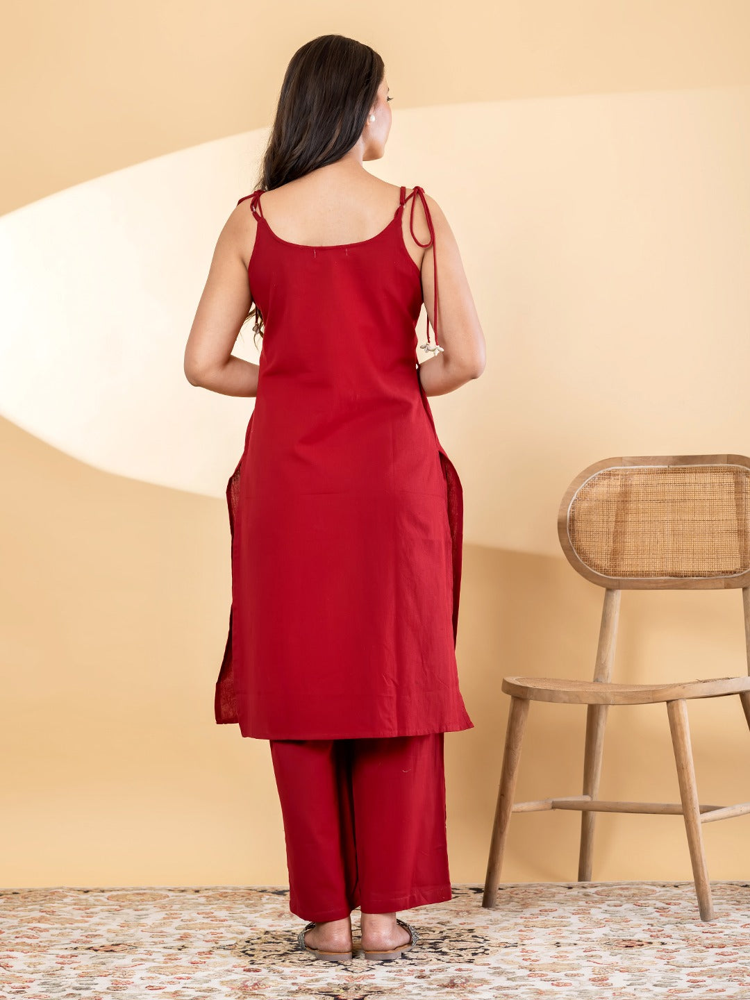 Women’s Red Embellished Kurta Set with Straight Pants
