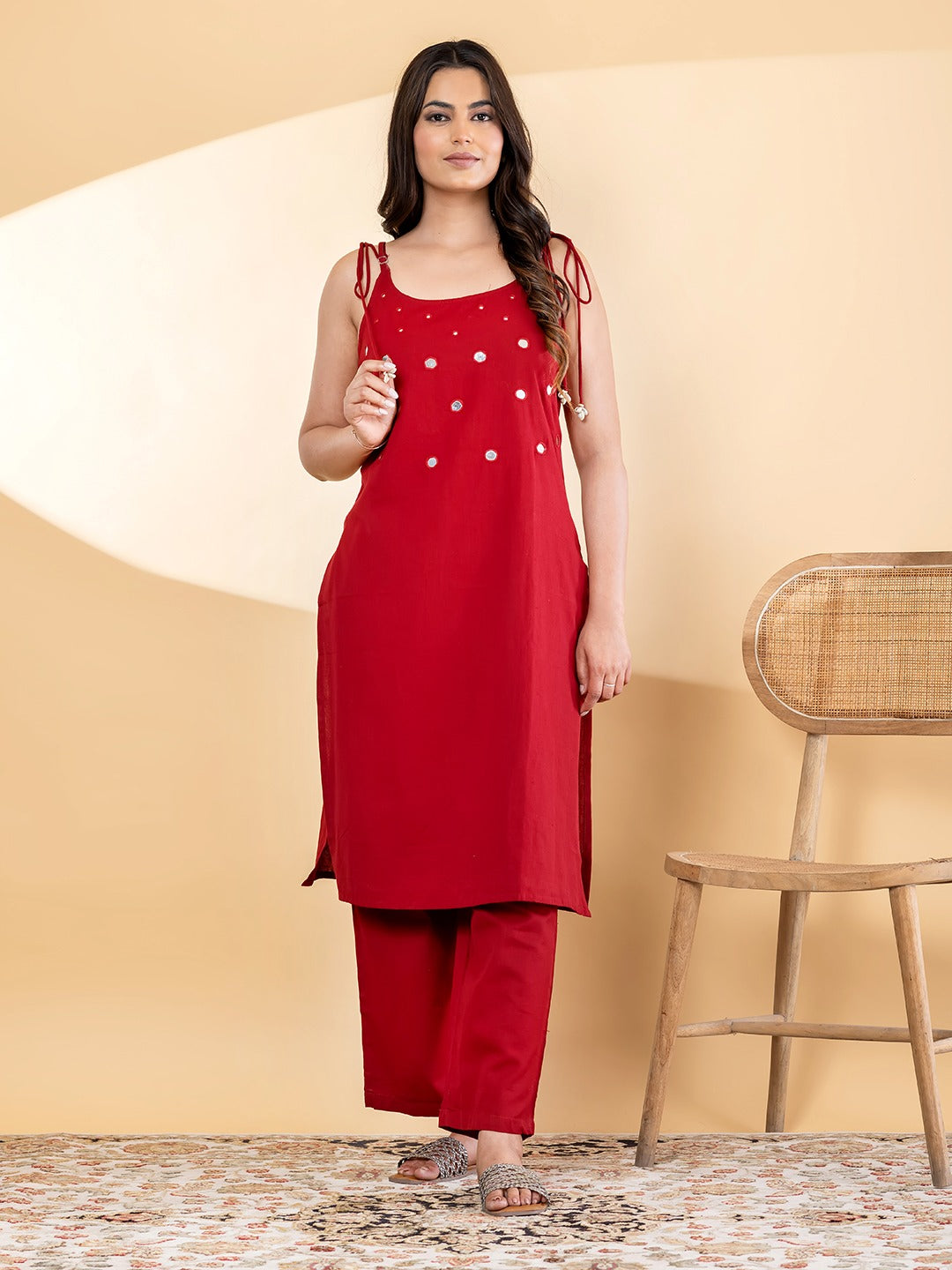 Women’s Red Embellished Kurta Set with Straight Pants